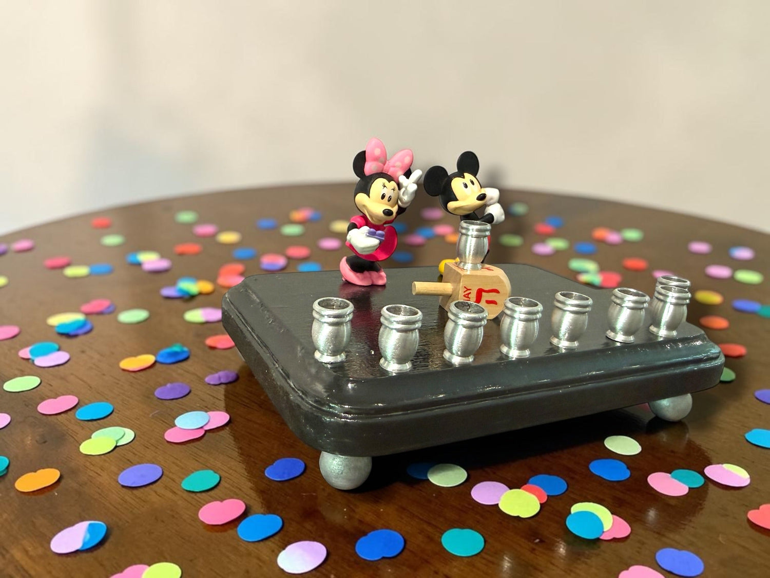 Mickey and Minnie Mouse menorah — repurposed Disney figures on painted wood plaque | Judaica Square Lakewood (view 13)