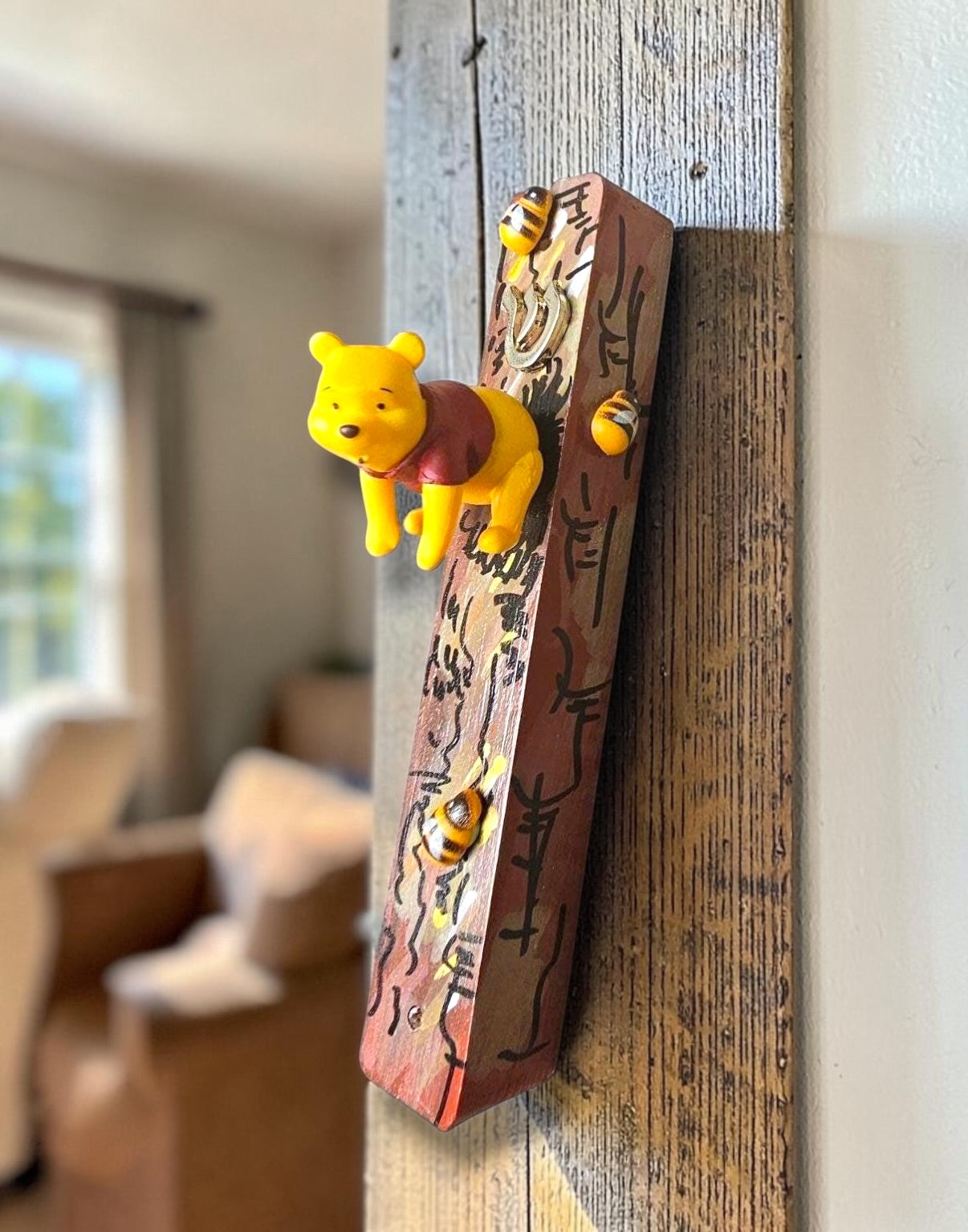 Winnie the Pooh mezuzah — bear and wooden bees on painted tree | Judaica Square Lakewood (view 3)