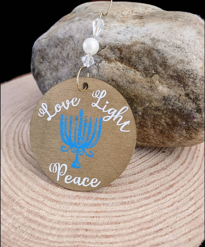 Menorah Ornaments — hand-painted wood hanging decorations on twine | Judaica Square Lakewood