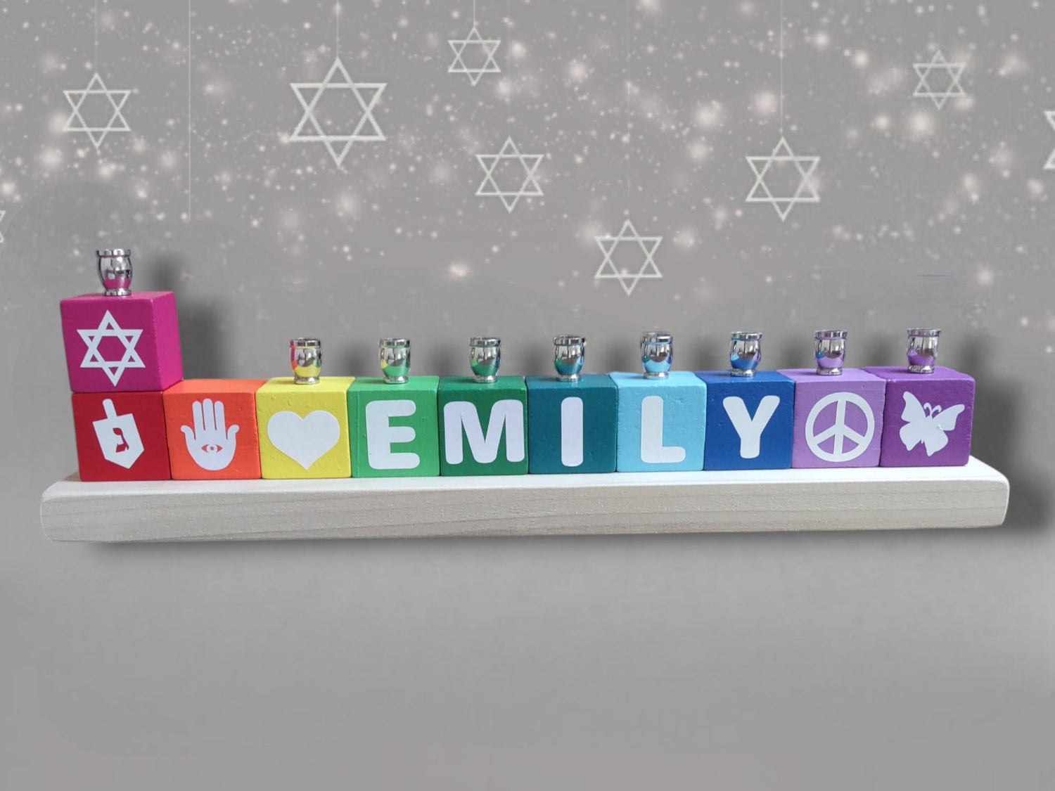 Personalized name block menorah — hand-painted blocks with vinyl letters and nickel cups | Judaica Square Lakewood (view 2)