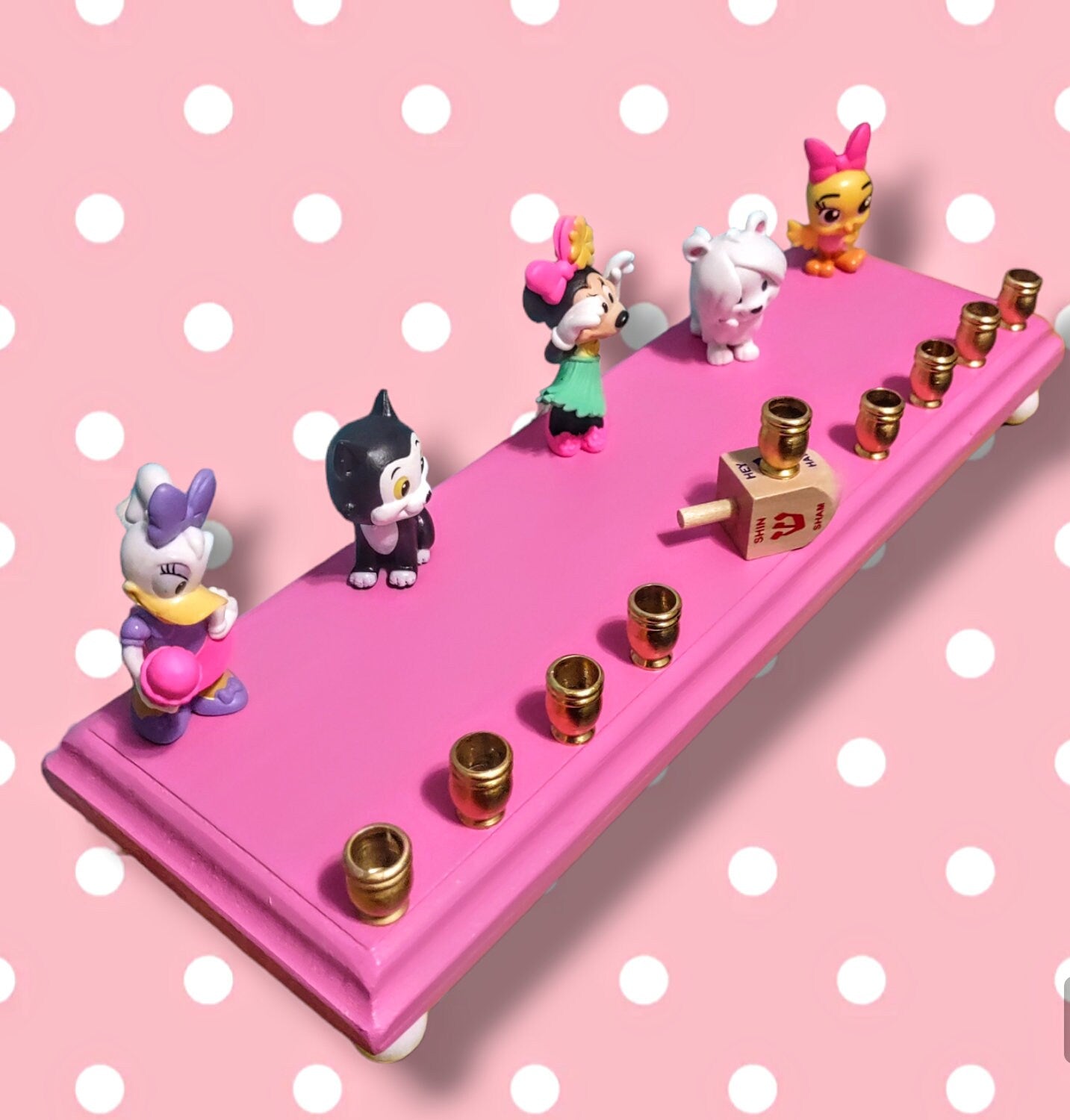Minnie Mouse playhouse menorah — repurposed Disney figures on pink 12-inch plaque | Judaica Square Lakewood (view 3)