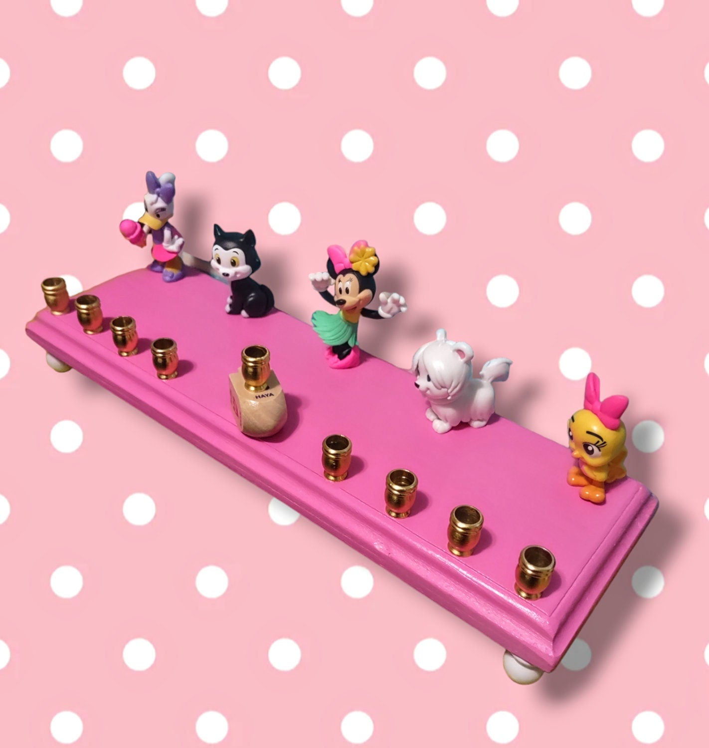 Minnie Mouse playhouse menorah — repurposed Disney figures on pink 12-inch plaque | Judaica Square Lakewood (view 4)