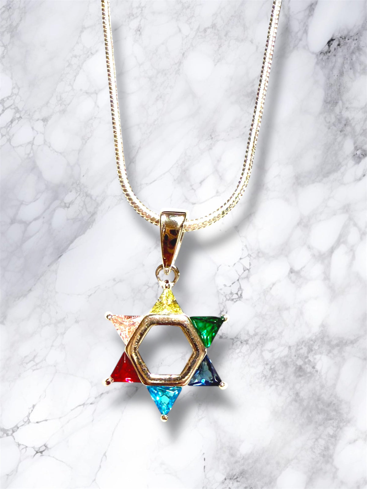 Petite sterling Star of David pendant set with rainbow gemstones