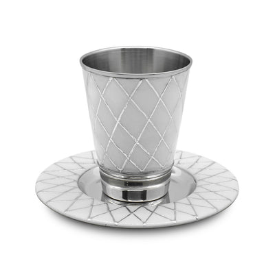 Nickel Kiddush Cup with Tray Diamond Design