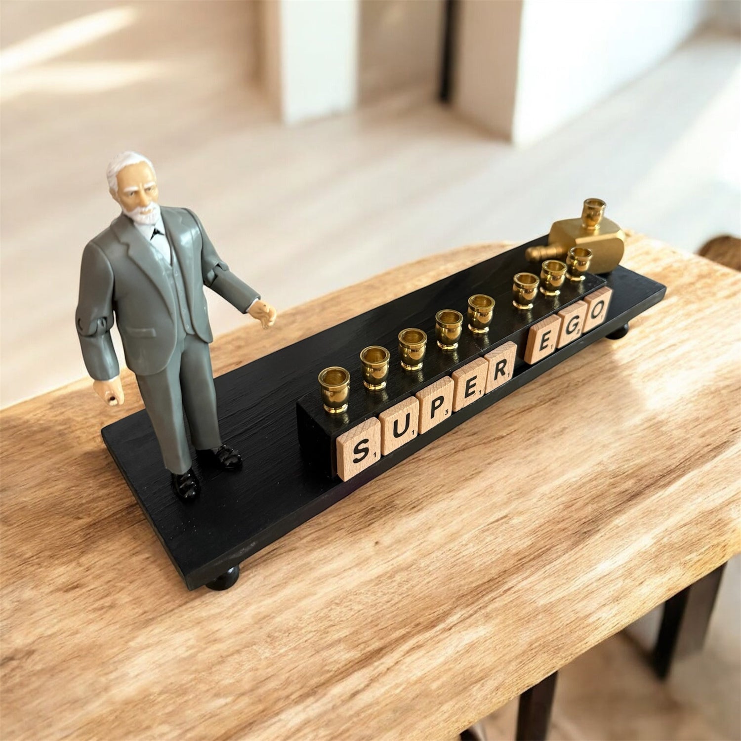 Sigmund Freud Menorah — Freud figure with SUPEREGO letter tiles and gold cups | Judaica Square Lakewood (view 8)