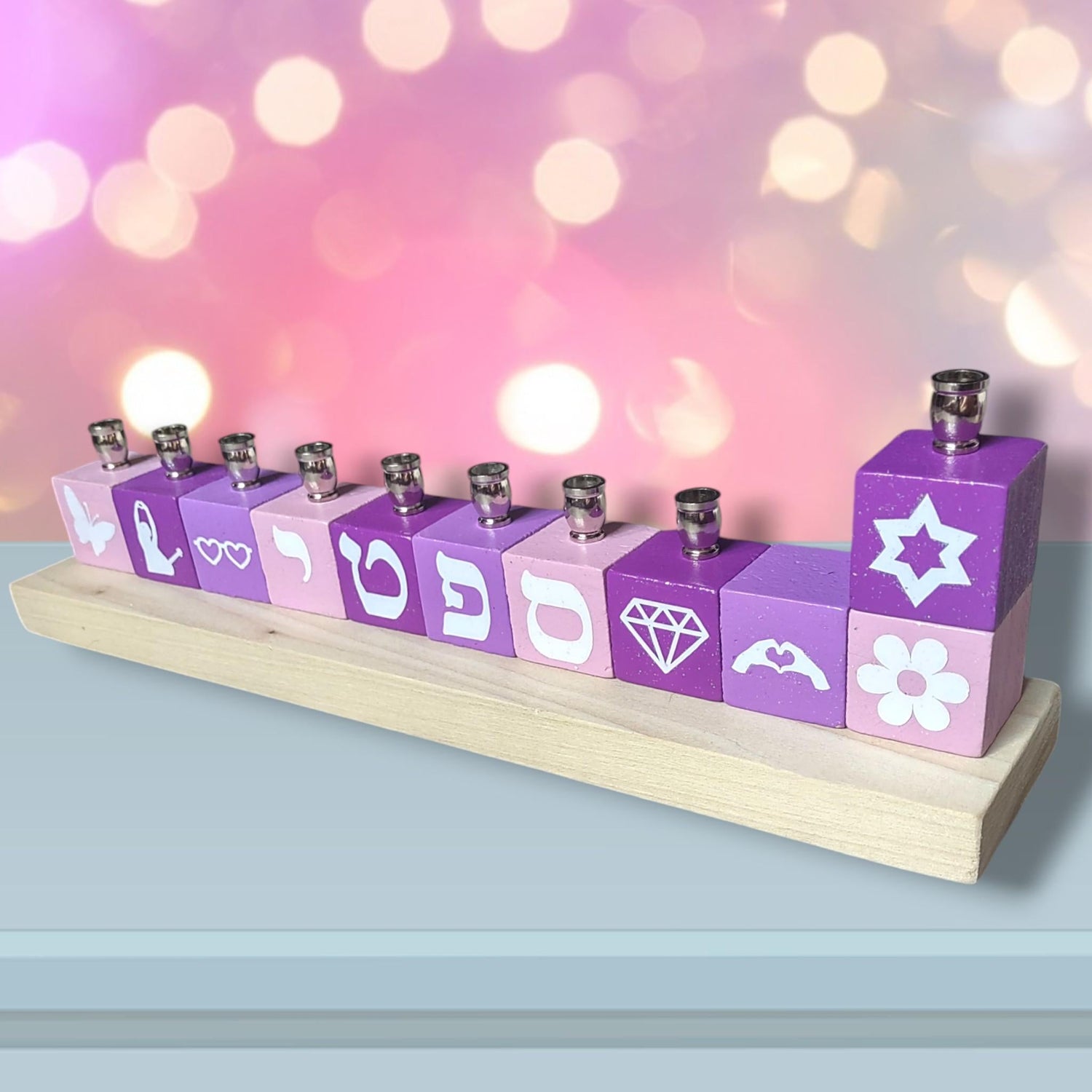 Swiftie menorah — personalized glitter name blocks in lavender with icons | Judaica Square Lakewood (view 9)