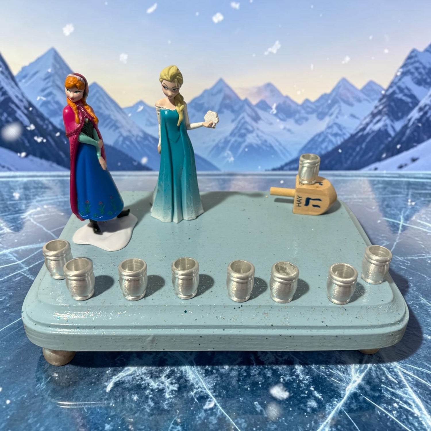 Frozen menorah — Anna and Elsa figures on rhinestone-trimmed painted plaque | Judaica Square Lakewood (view 3)
