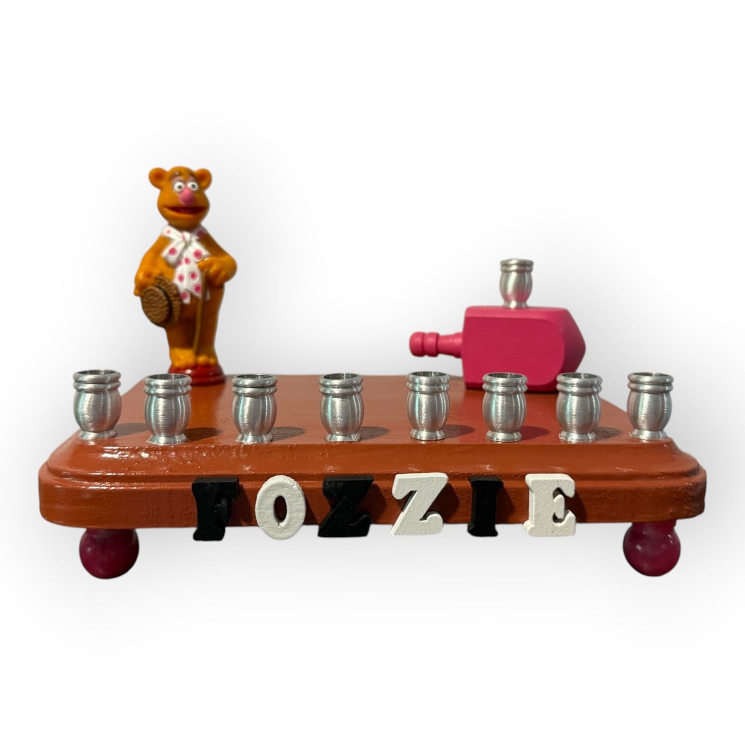 Fozzie Bear menorah — Muppets bear chess piece on painted wood with aluminum cups | Judaica Square Lakewood (view 4)