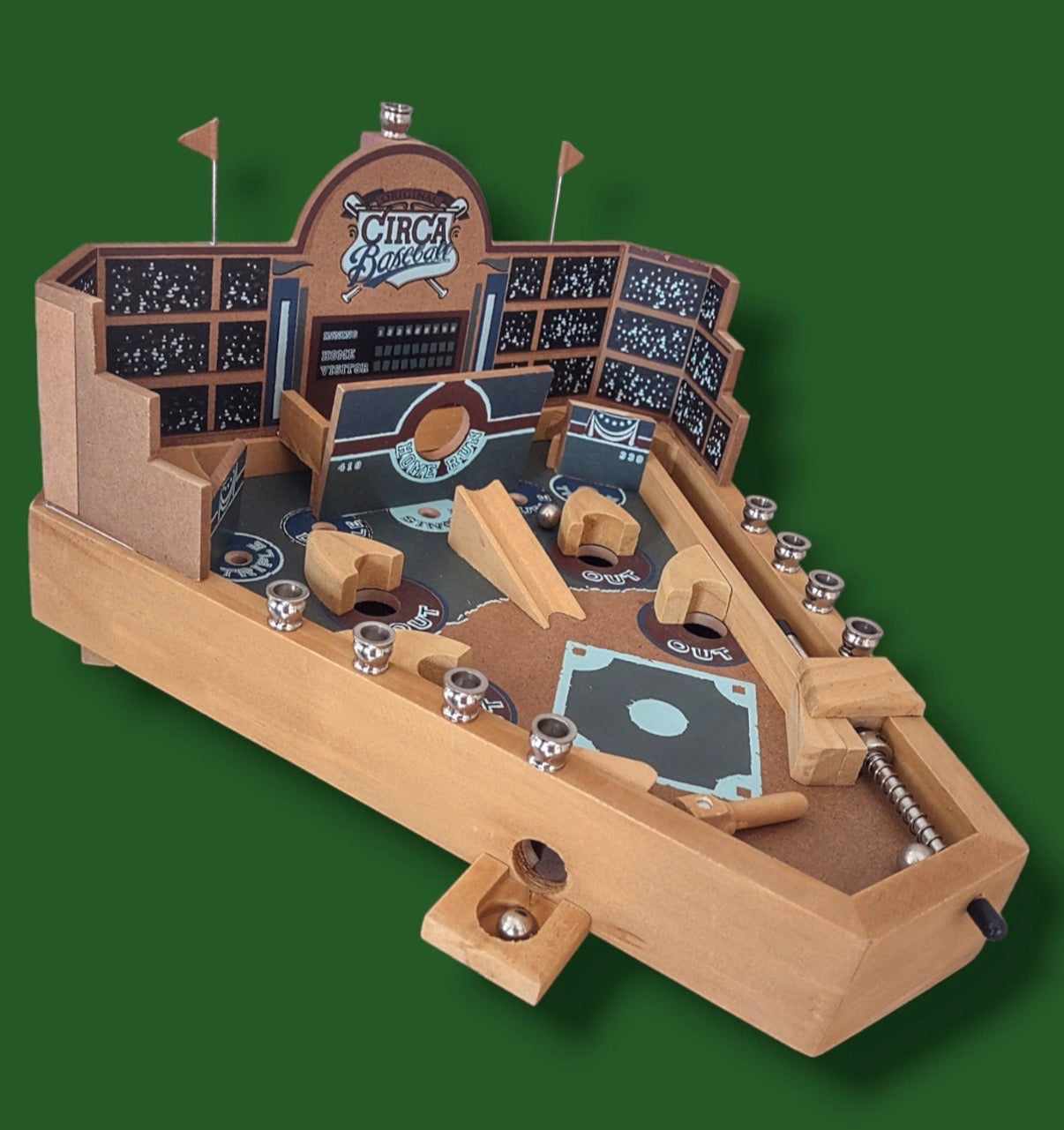 Pinball machine menorah — vintage game body with brass candle cups and silver marbles | Judaica Square Lakewood (view 2)