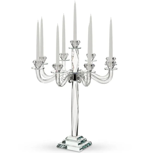 Nuah 24-inch crystal 9-branch candelabra shown with taper candles