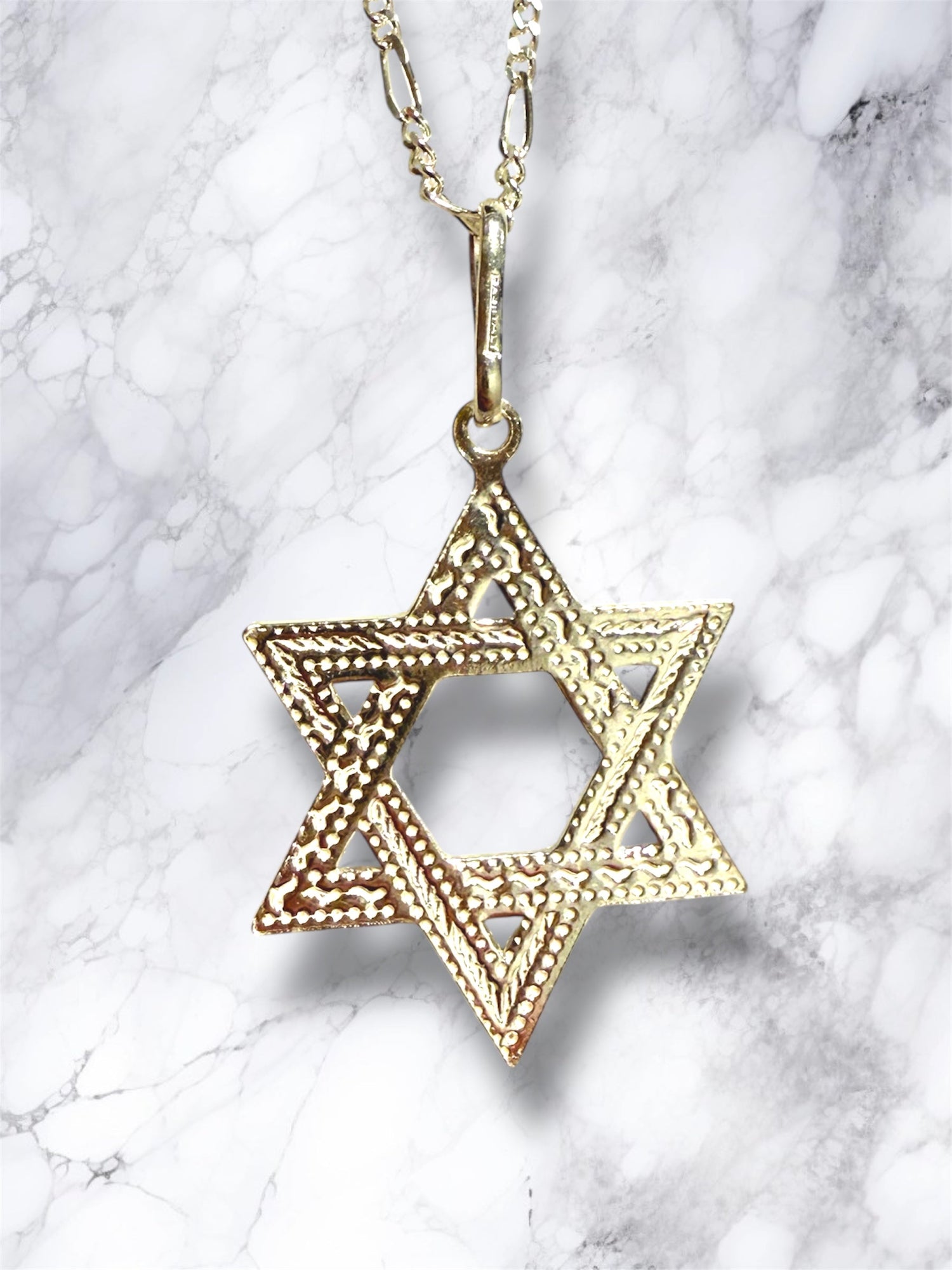Etched sterling silver Star of David pendant on a figaro chain necklace | Judaica Square Lakewood (view 3)