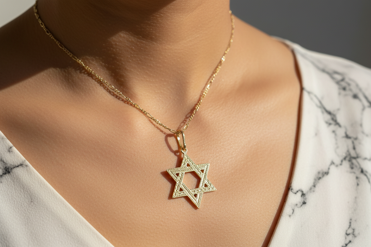 Etched sterling silver Star of David pendant on a figaro chain necklace | Judaica Square Lakewood (view 4)