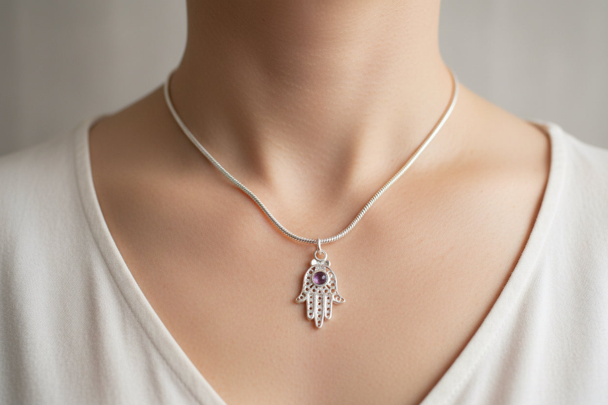 Filigree sterling hamsa pendant set with a purple amethyst stone | Judaica Square Lakewood (view 6)