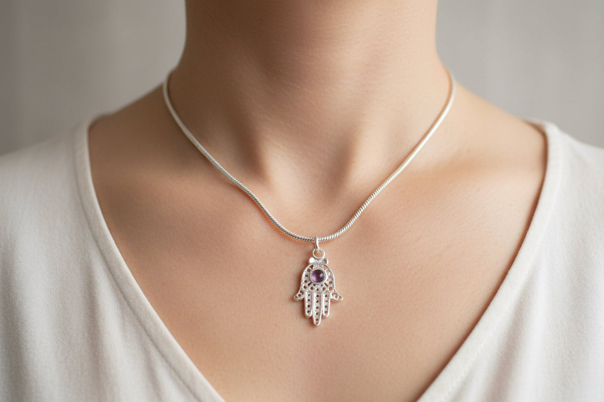 Filigree sterling hamsa pendant set with a purple amethyst stone | Judaica Square Lakewood (view 6)