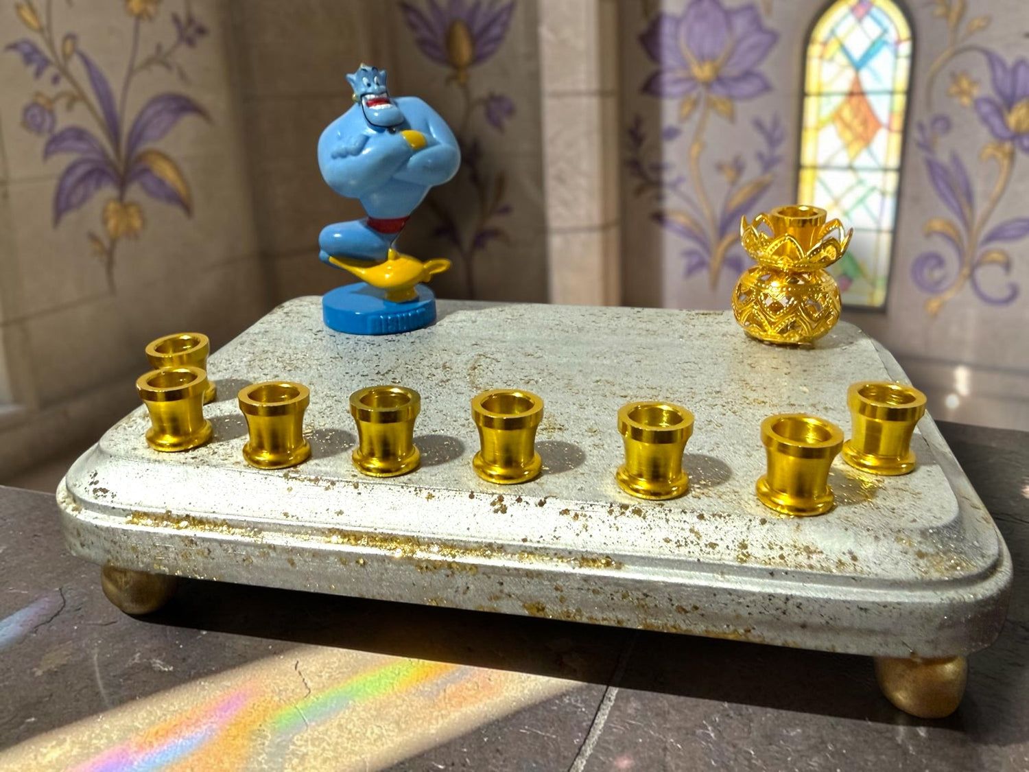 Genie menorah — blue Aladdin genie figure on painted wood plaque with aluminum candle cups | Judaica Square Lakewood (view 8)