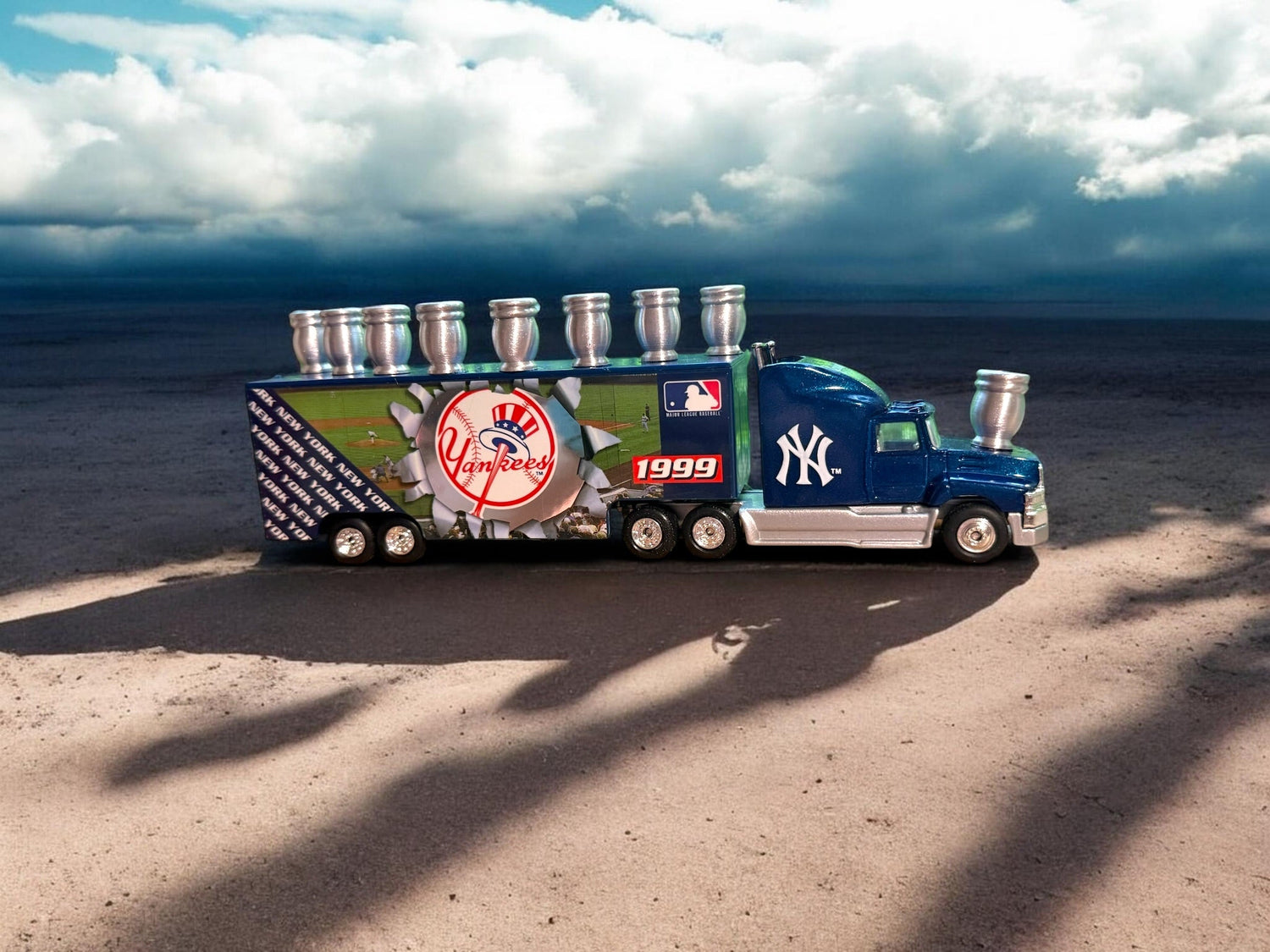 Yankees truck menorah — vintage die-cast baseball truck with a row of aluminum candle cups | Judaica Square Lakewoo (view 10)
