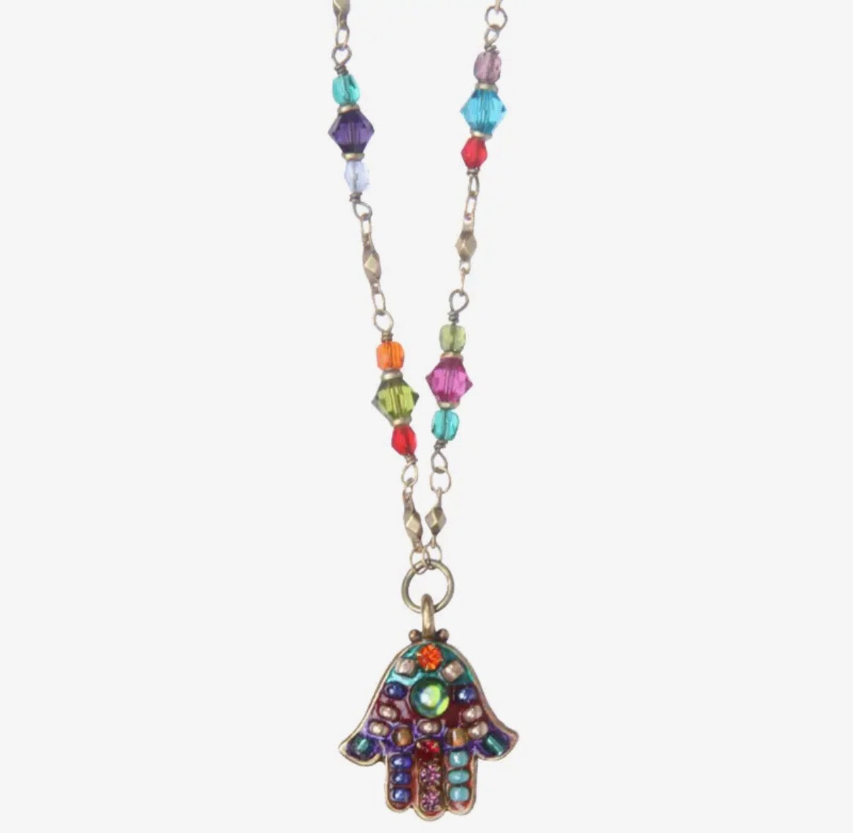 Multicolor hamsa necklace — bright glass mosaic gold pendant | Judaica Square Lakewood (view 2)