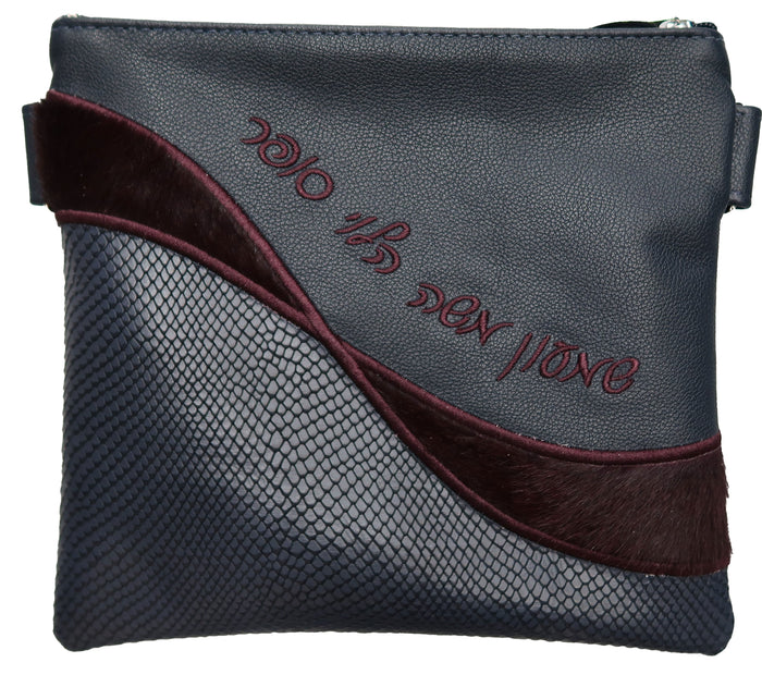 Prestige Leather Tallit & Tefillin Bag — Geometric & Wave Design, Supreme Collection (575H-NV)