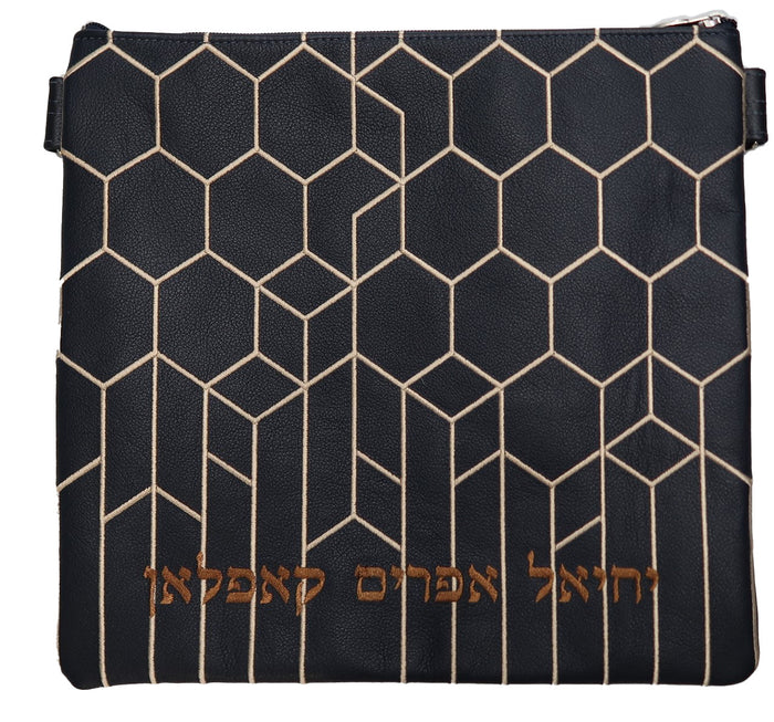 Prestige Leather Tallit & Tefillin Bag — Geometric Design, Regal Collection (580F-NV)