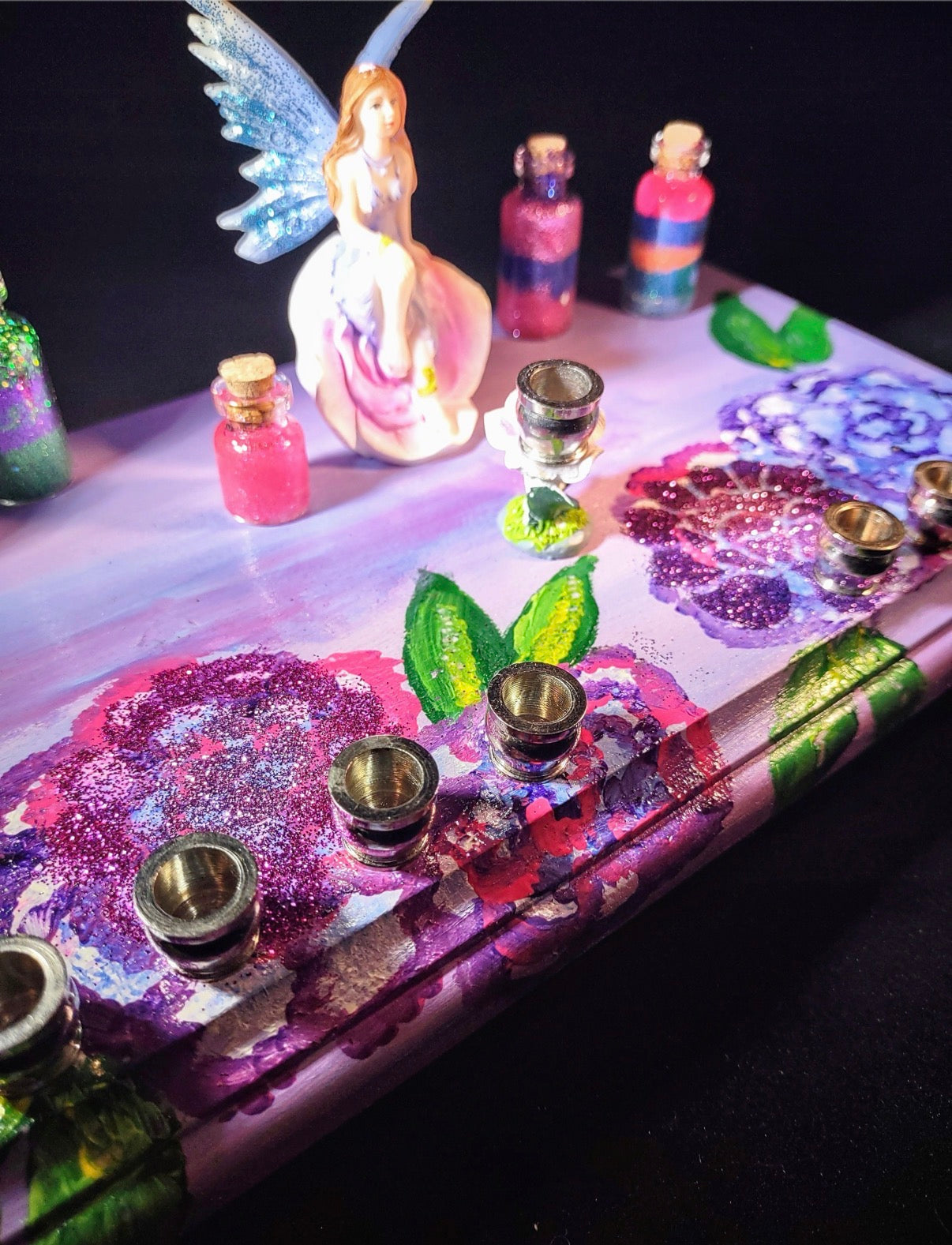 Fairy Flower Menorah — resin fairy and glass dust jar on a painted floral base | Judaica Square Lakewood (view 10)
