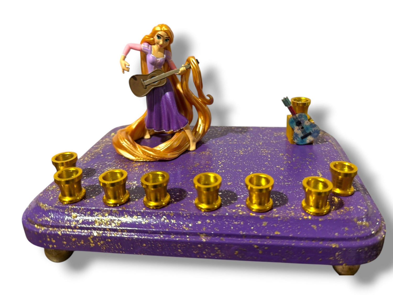 Rapunzel menorah — Tangled figure with wooden guitar shamash on painted base | Judaica Square Lakewood (view 12)