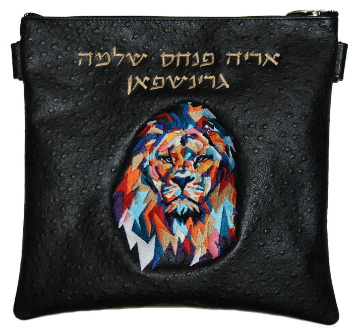 Prestige Ostrich Tallit & Tefillin Bag — Geometric & Ostrich Design, Legacy Collection (525k-BK3)