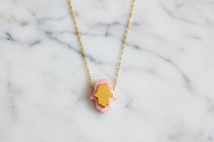 Pink opal hamsa necklace — gold plated sterling pendant | Judaica Square Lakewood