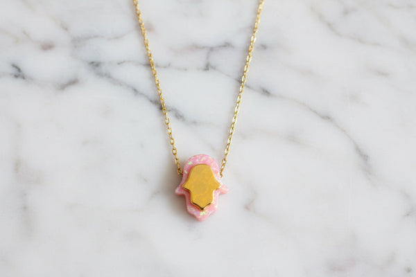 Pink opal hamsa necklace — gold plated sterling pendant | Judaica Square Lakewood