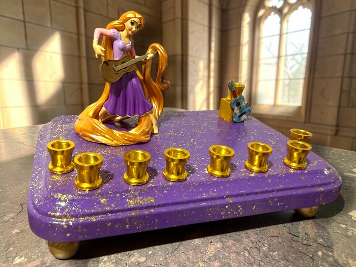 Rapunzel menorah — Tangled figure with wooden guitar shamash on painted base | Judaica Square Lakewood