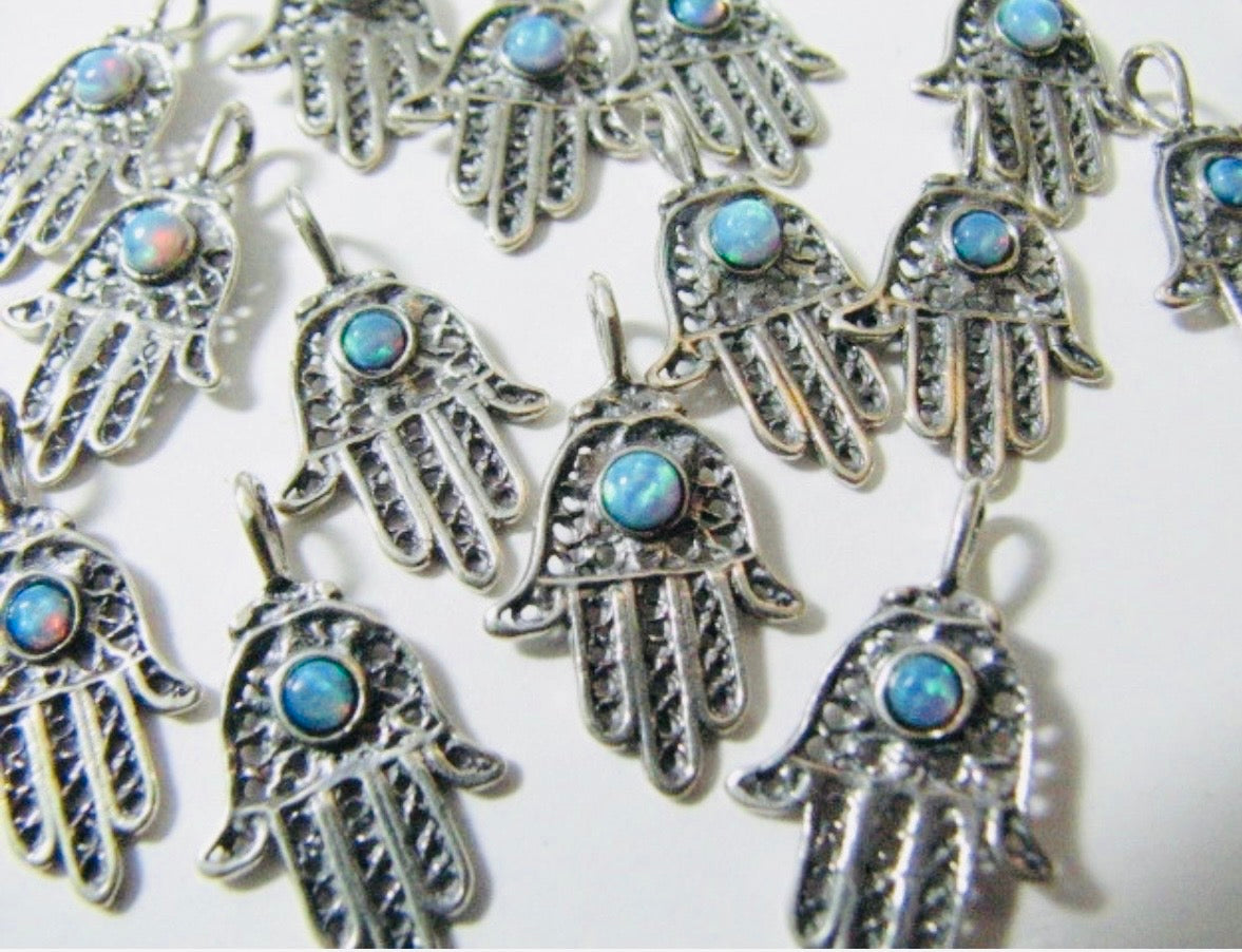 Sterling filigree hamsa pendant with blue opal stone on snake chain | Judaica Square Lakewood (view 11)