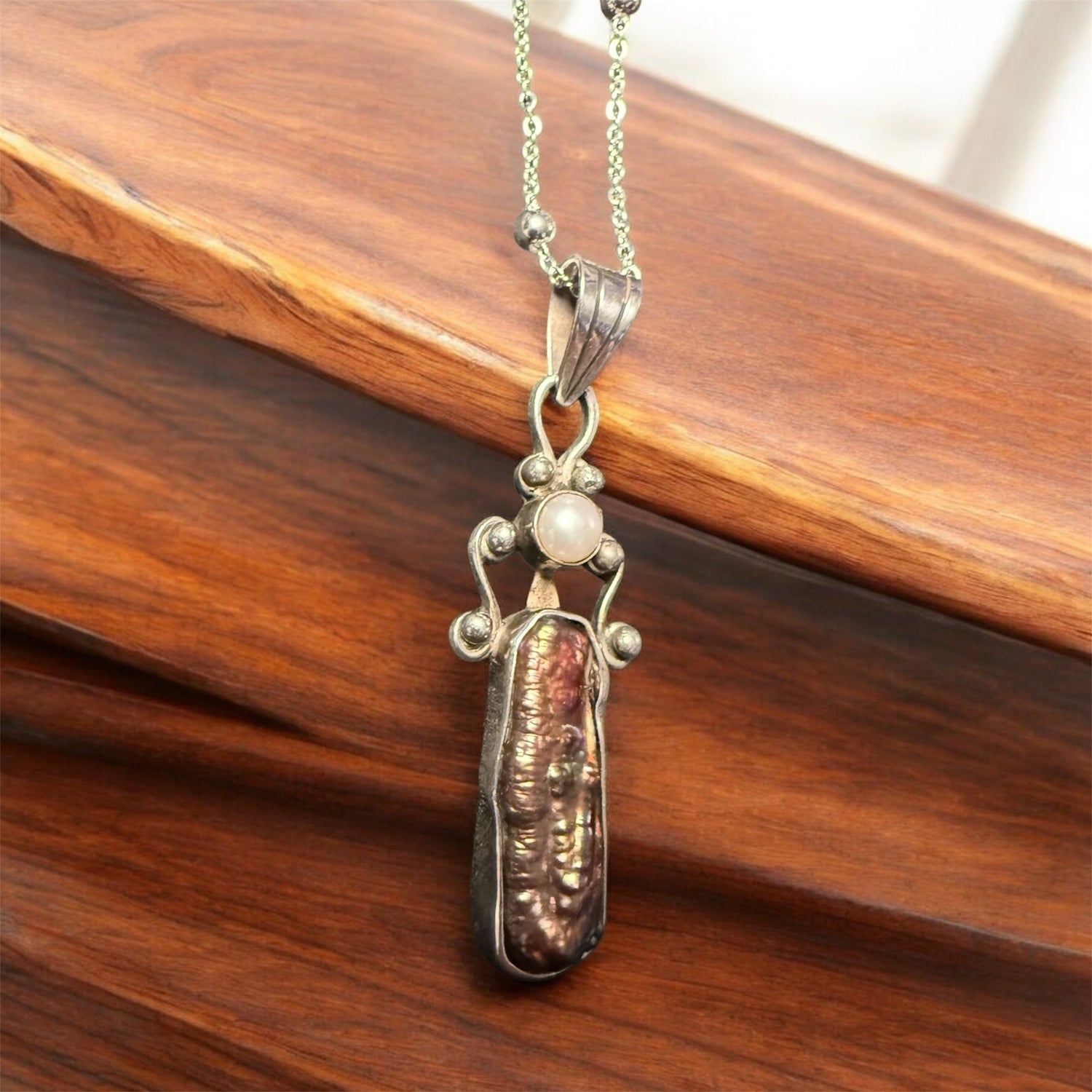 Vintage freshwater pearl pendant on a beaded sterling silver chain | Judaica Square Lakewood (view 5)