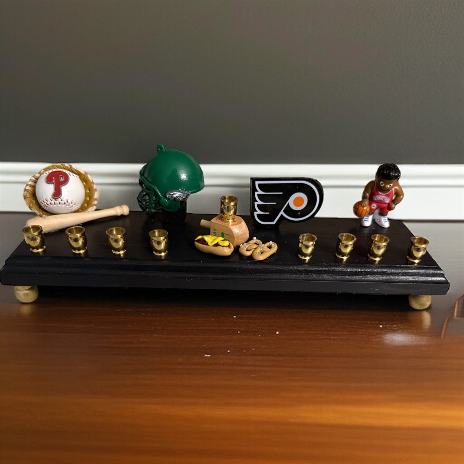 Philly sports menorah — Eagles, Phillies and Flyers charms with clay cheesesteak | Judaica Square Lakewood (view 2)