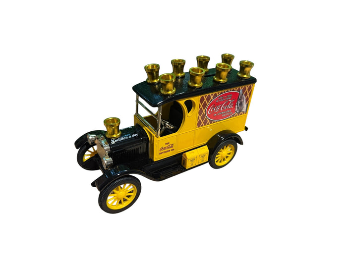 Coca-Cola Car Menorah — red vintage die-cast car bank with aluminum cups | Judaica Square Lakewood