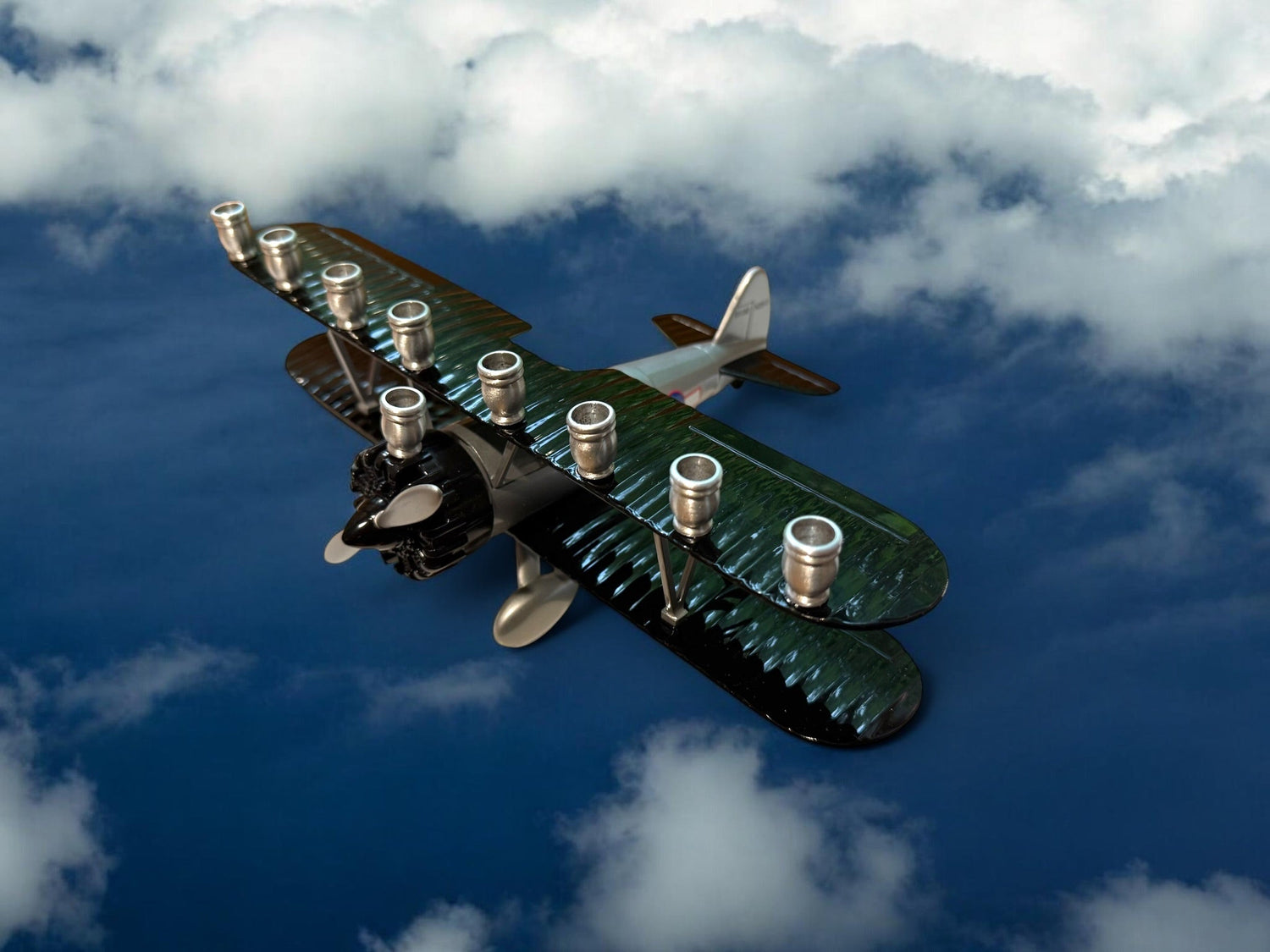 Vintage Airplane Menorah — die-cast metal plane bank fitted with aluminum cups | Judaica Square Lakewood (view 22)
