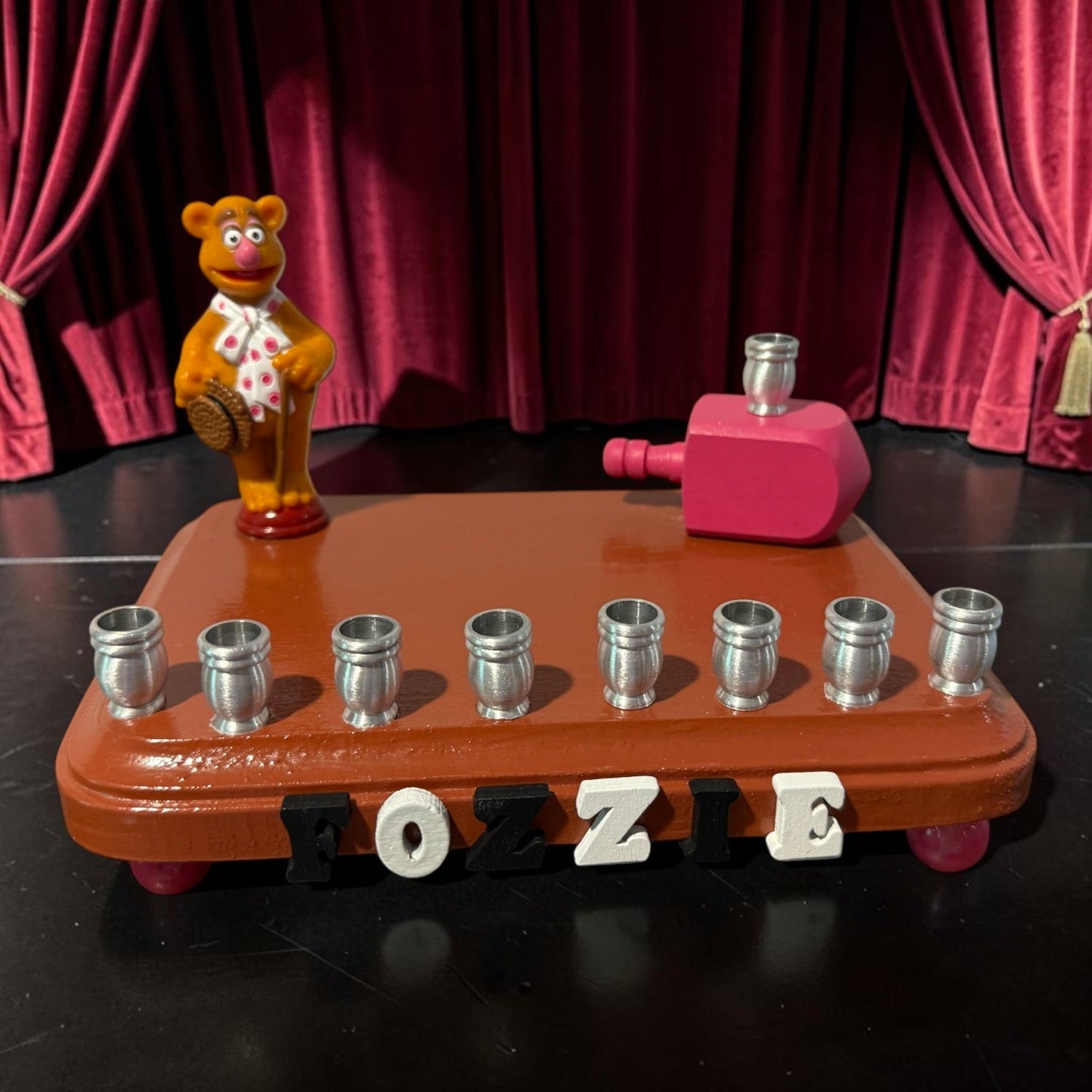 Fozzie Bear menorah — Muppets bear chess piece on painted wood with aluminum cups | Judaica Square Lakewood (view 8)