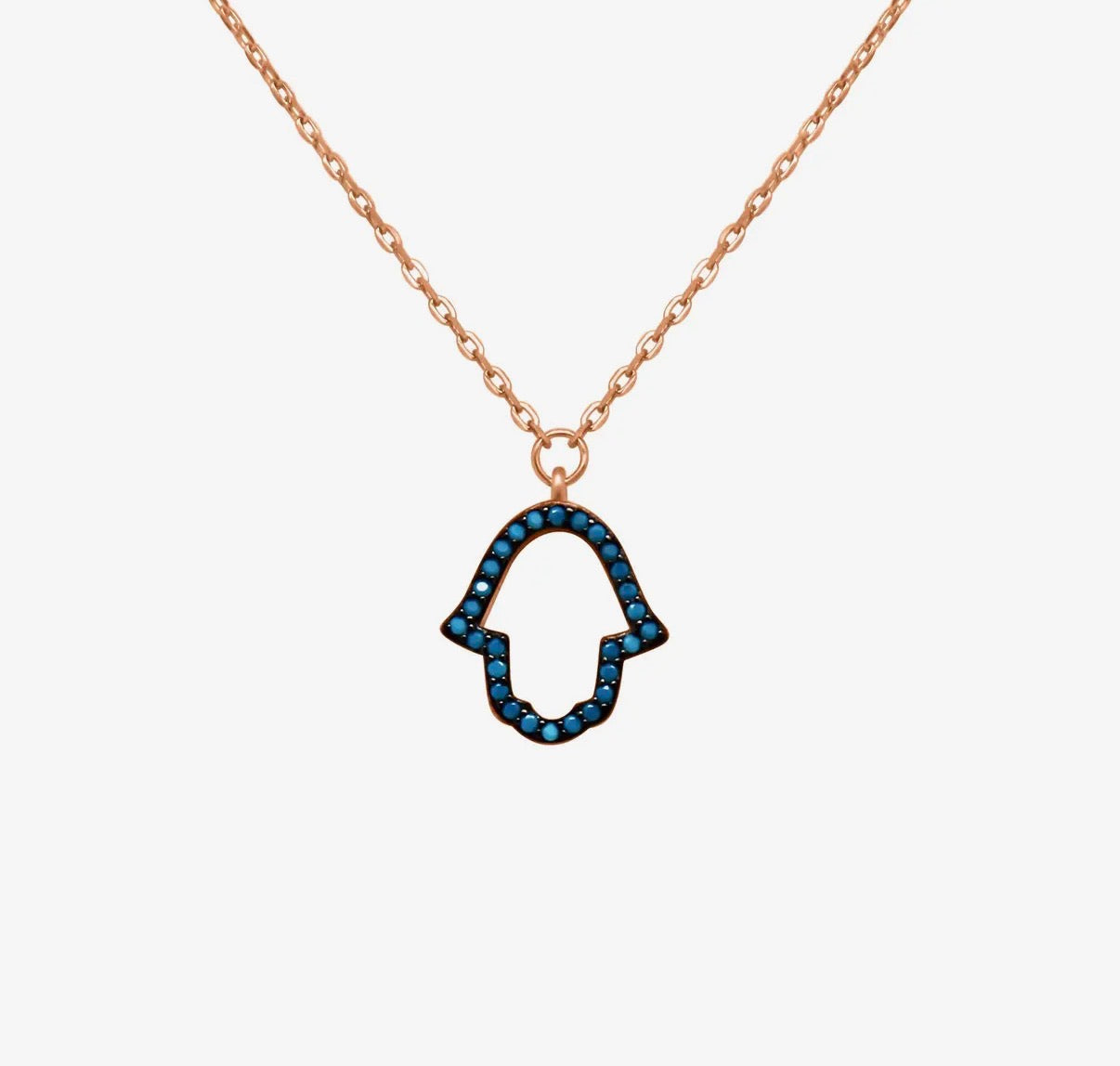 Rose gold hamsa necklace — open hand with blue gemstone | Judaica Square Lakewood (view 3)
