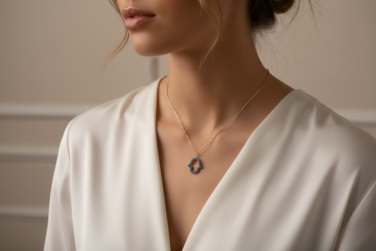 Rose gold hamsa necklace — open hand with blue gemstone | Judaica Square Lakewood (view 4)