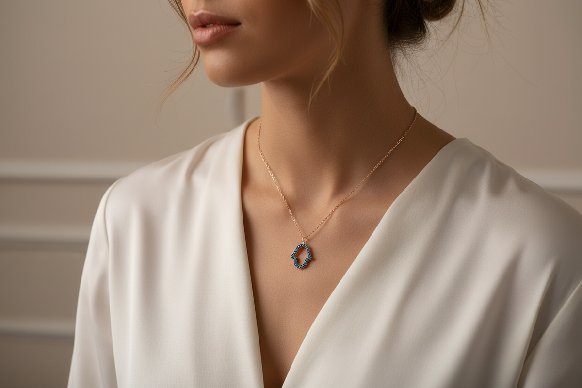 Rose gold hamsa necklace — open hand with blue gemstone | Judaica Square Lakewood (view 4)