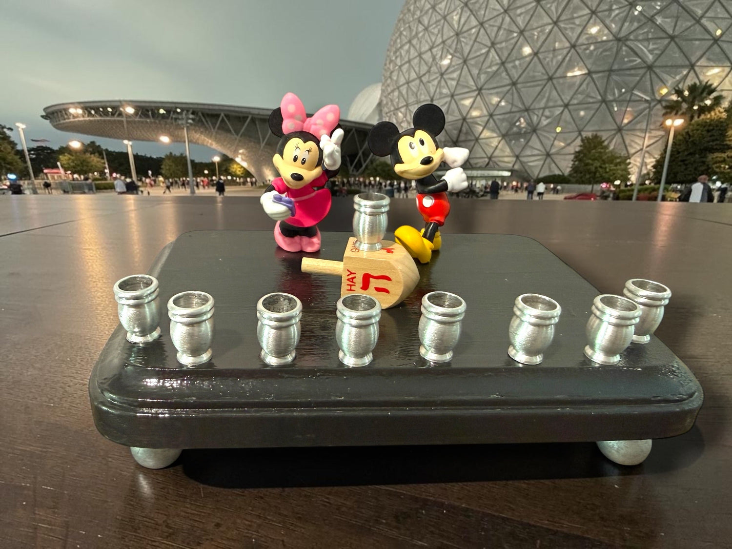 Mickey and Minnie Mouse menorah — repurposed Disney figures on painted wood plaque | Judaica Square Lakewood (view 18)
