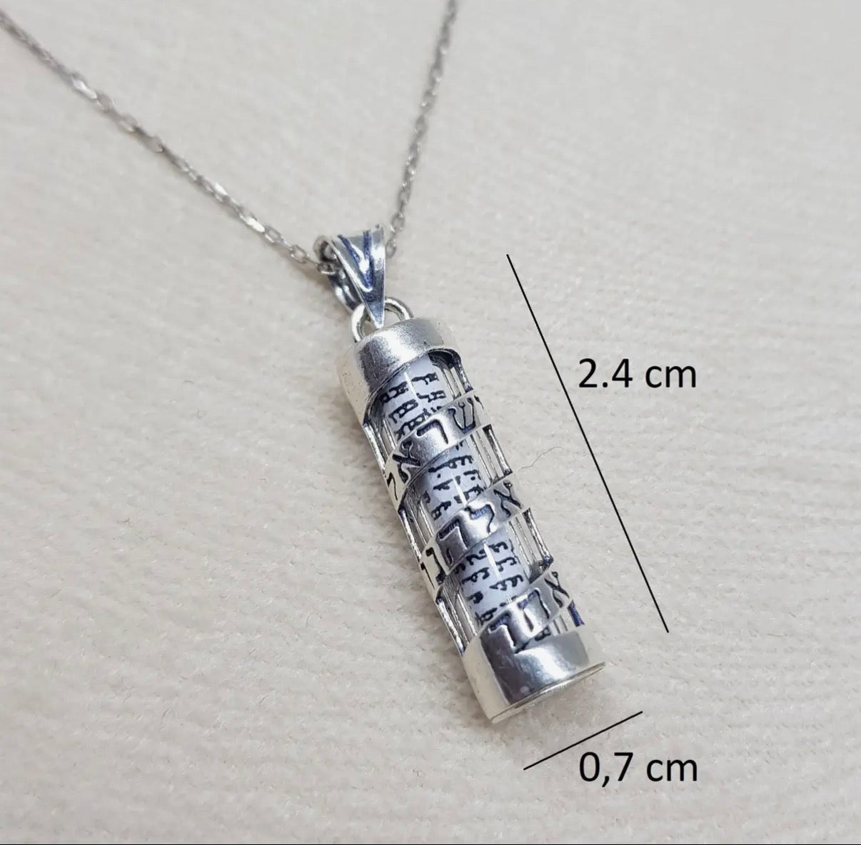 Sterling mezuzah pendant with Shema spiraling in Hebrew lettering | Judaica Square Lakewood (view 5)