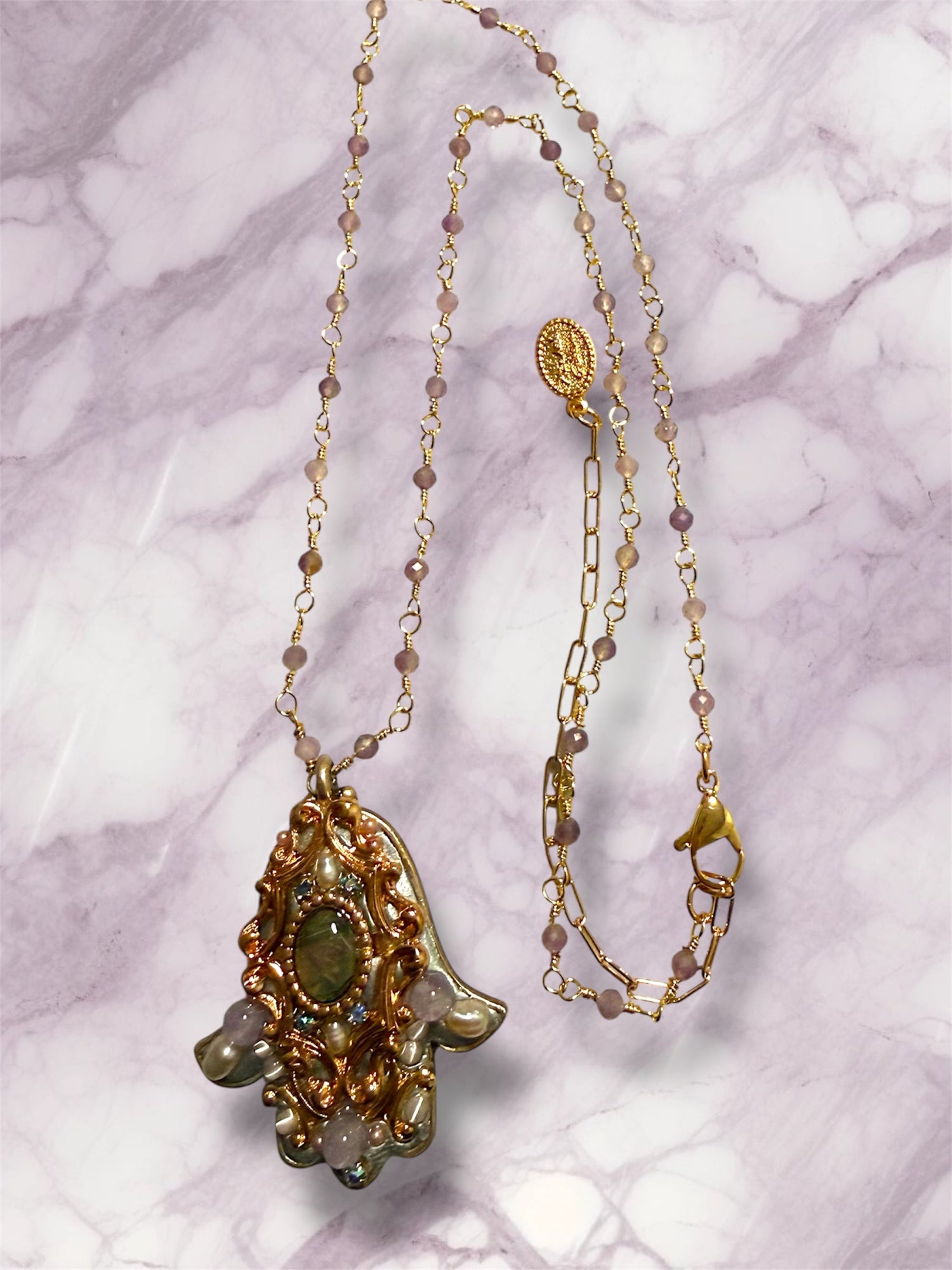 Michal Golan hamsa necklace — abalone and amethyst gold pendant | Judaica Square Lakewood (view 3)