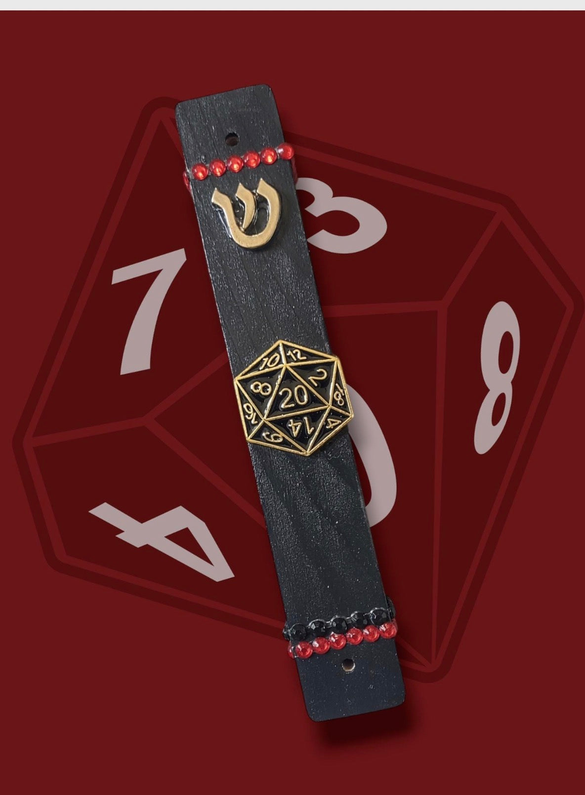 D20 dice mezuzah case — black wood case with Dungeons and Dragons die and rhinestones | Judaica Square Lakewood (view 10)
