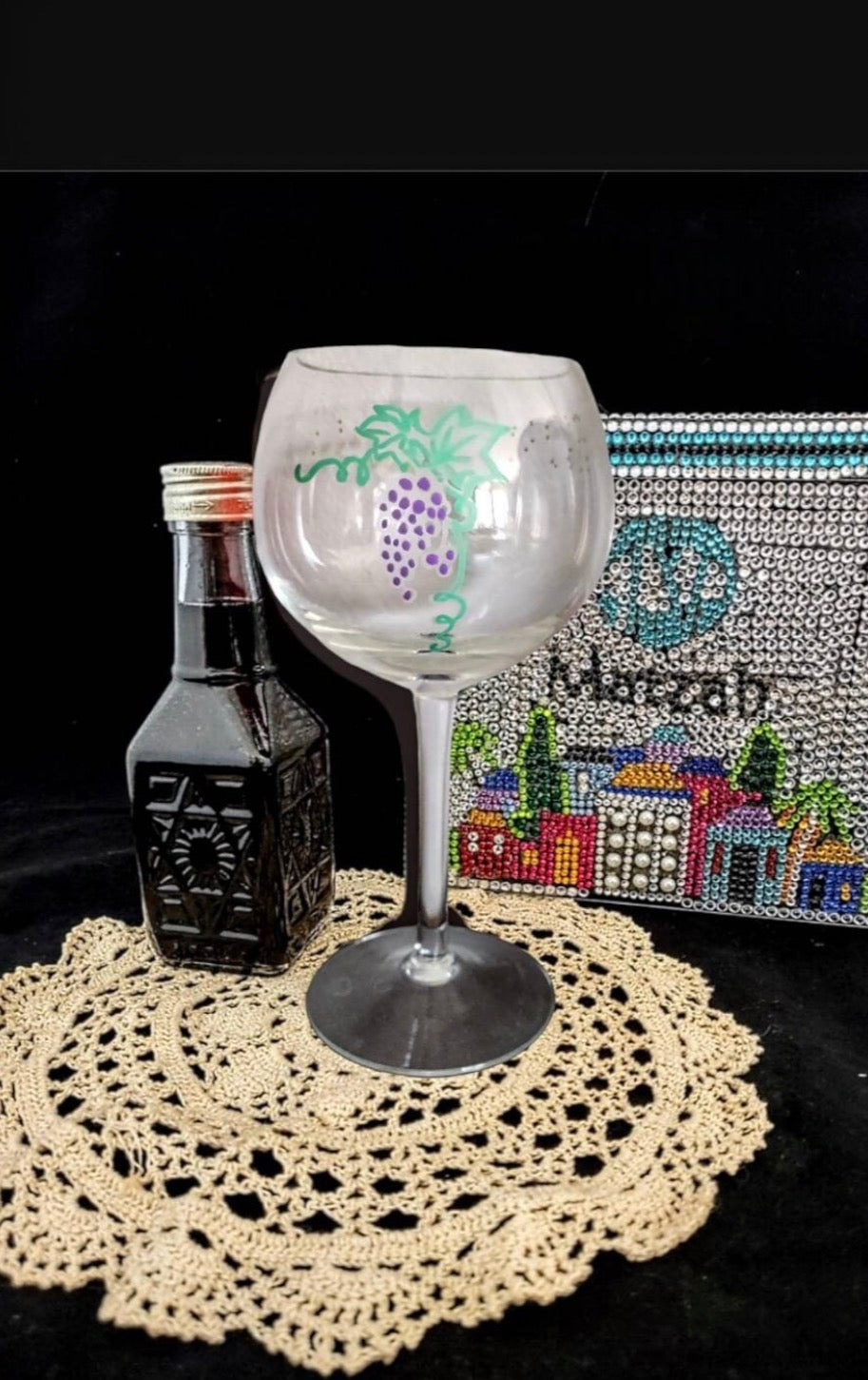 Seder cup set — three etched glasses painted with purple grapes | Judaica Square Lakewood (view 4)