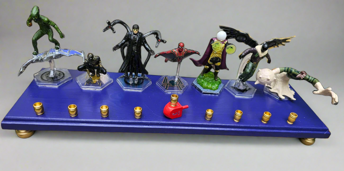 Spiderman menorah — limited edition webslinger figures on a 20-inch wood plaque | Judaica Square Lakewood (view 6)