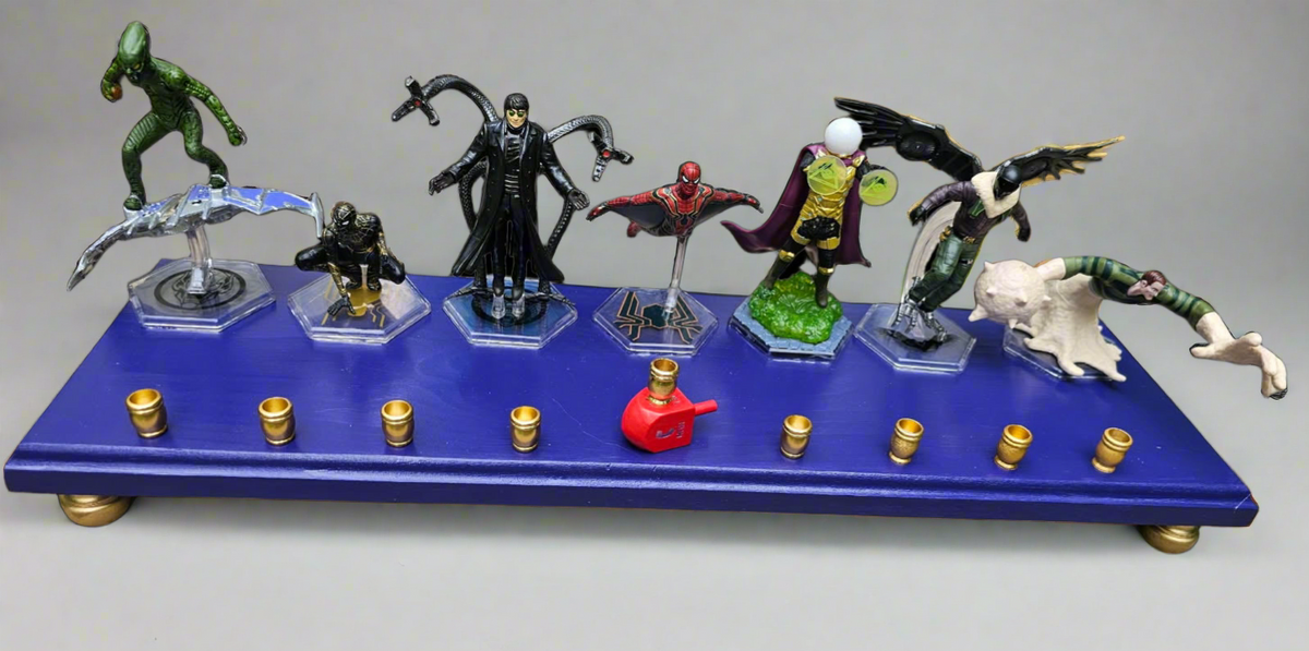 Spiderman menorah — limited edition webslinger figures on a 20-inch wood plaque | Judaica Square Lakewood (view 6)