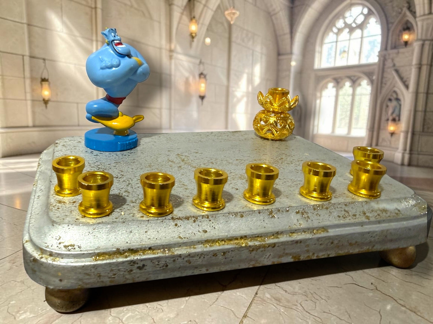 Genie menorah — blue Aladdin genie figure on painted wood plaque with aluminum candle cups | Judaica Square Lakewood (view 9)