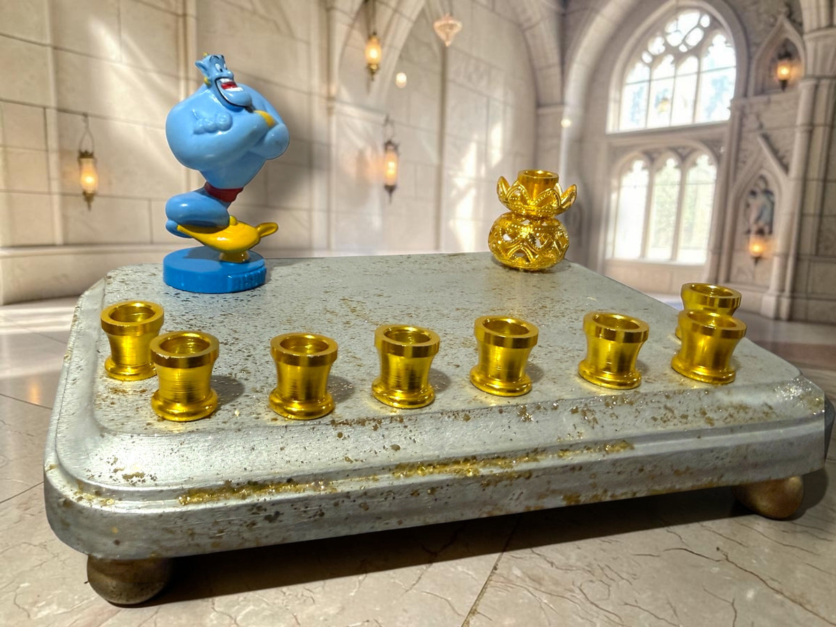 Genie menorah — blue Aladdin genie figure on painted wood plaque with aluminum candle cups | Judaica Square Lakewood (view 9)