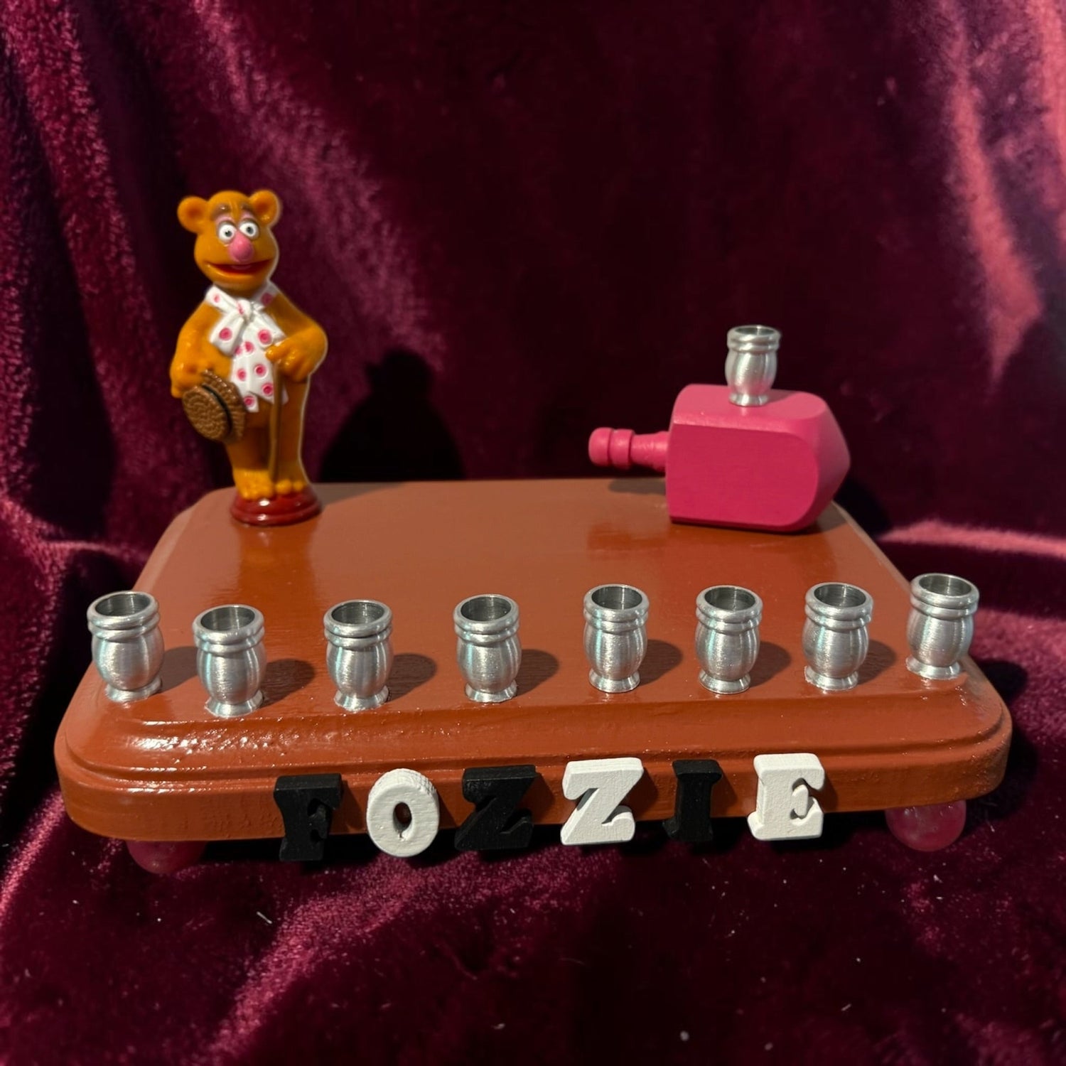 Fozzie Bear menorah — Muppets bear chess piece on painted wood with aluminum cups | Judaica Square Lakewood (view 12)
