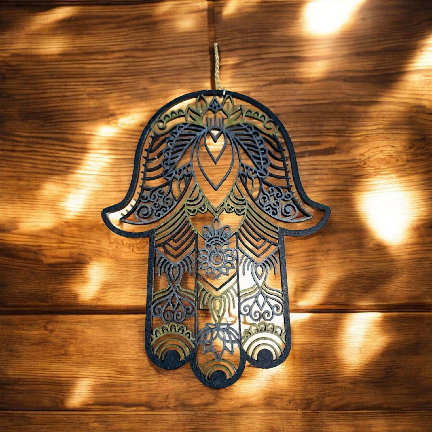 Two-sided wood hamsa — evil eye and floral mandala designs | Judaica Square Lakewood (view 6)