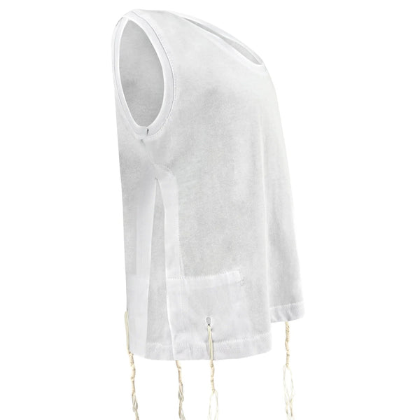 Kids white sleeveless tzitzit t-shirt on white background
